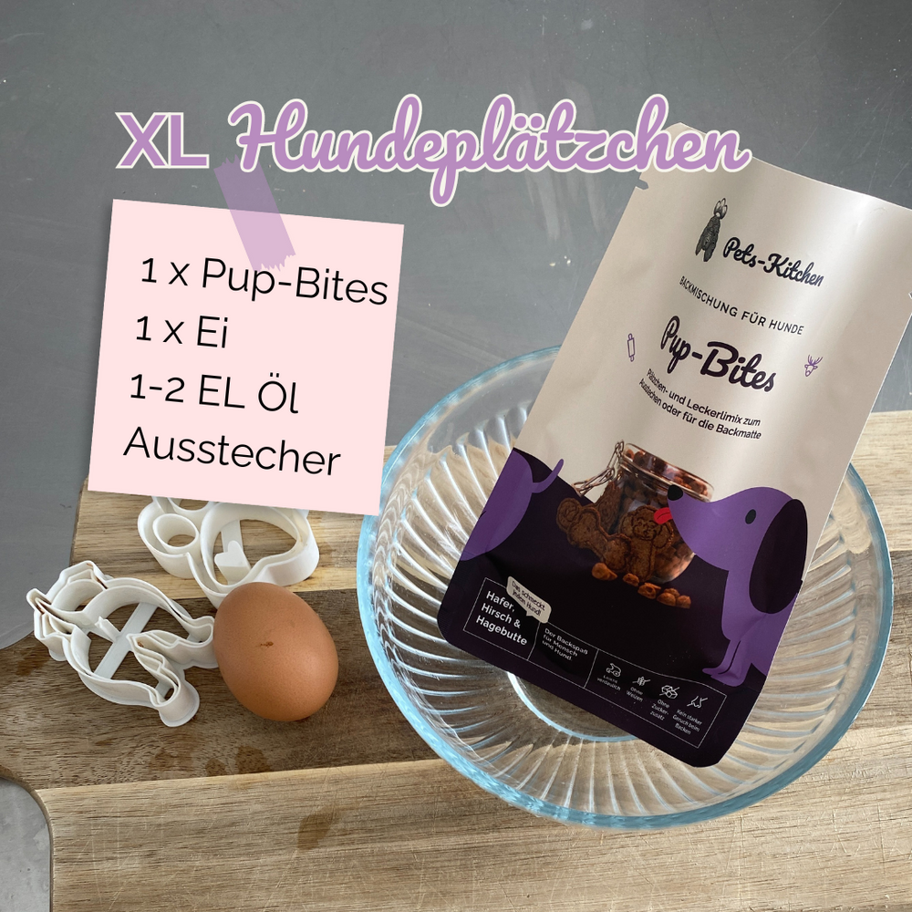Flüssigkeiten / Ei mit dem Pup-Bites Mix mischen.