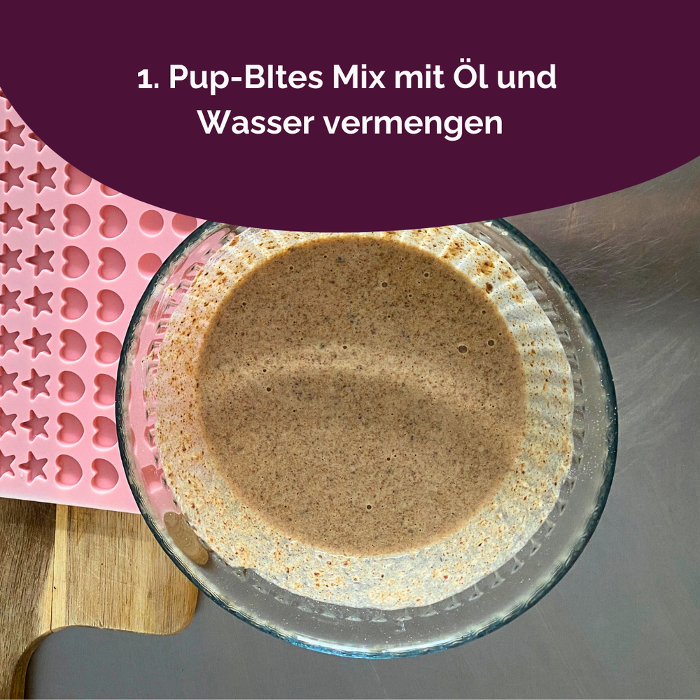 Pup-Bites Mix mit den Flüssigkeiten vermengen.